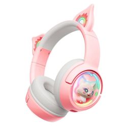 new Cat Bluetooth Headphones, Wireless Headset with Mic, RGB LED Light Compatible with Mobile Phones PC Tablet, with 3.5mm Wired Mode for Audio Only, 