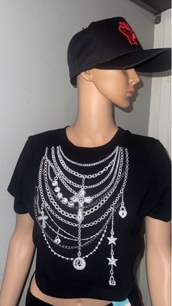 Black Cropped T-Shirt with Rhinestone Chain Accents