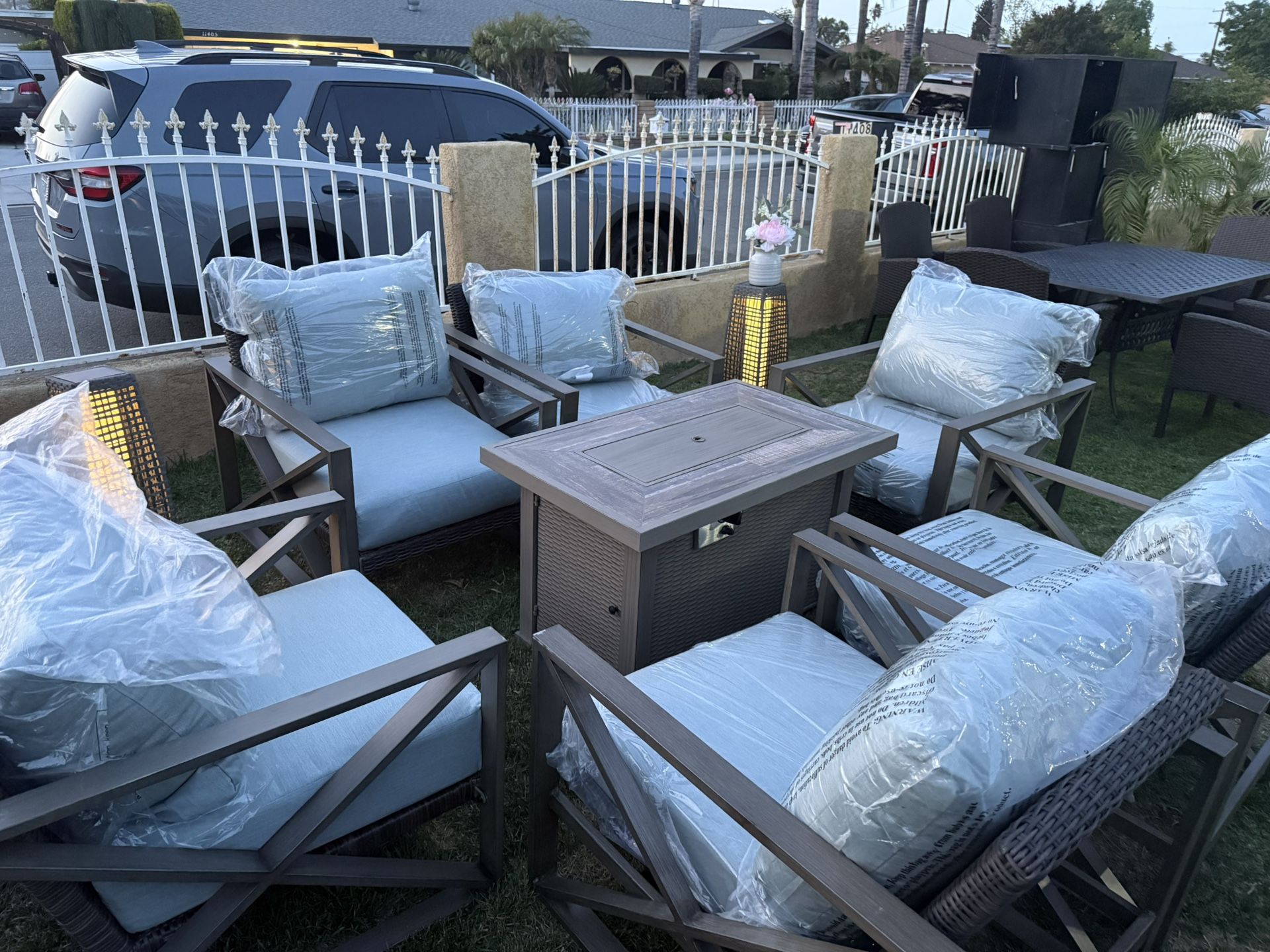 Brand New Patio Outdoor Furniture Set With Fire Pit Sunbrella Fabric