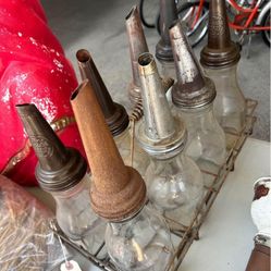 Vintage Oil Bottles With Metal Carrier