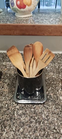 Wood Kitchen Utinsels With Stsinless Steel Holder And Tray
