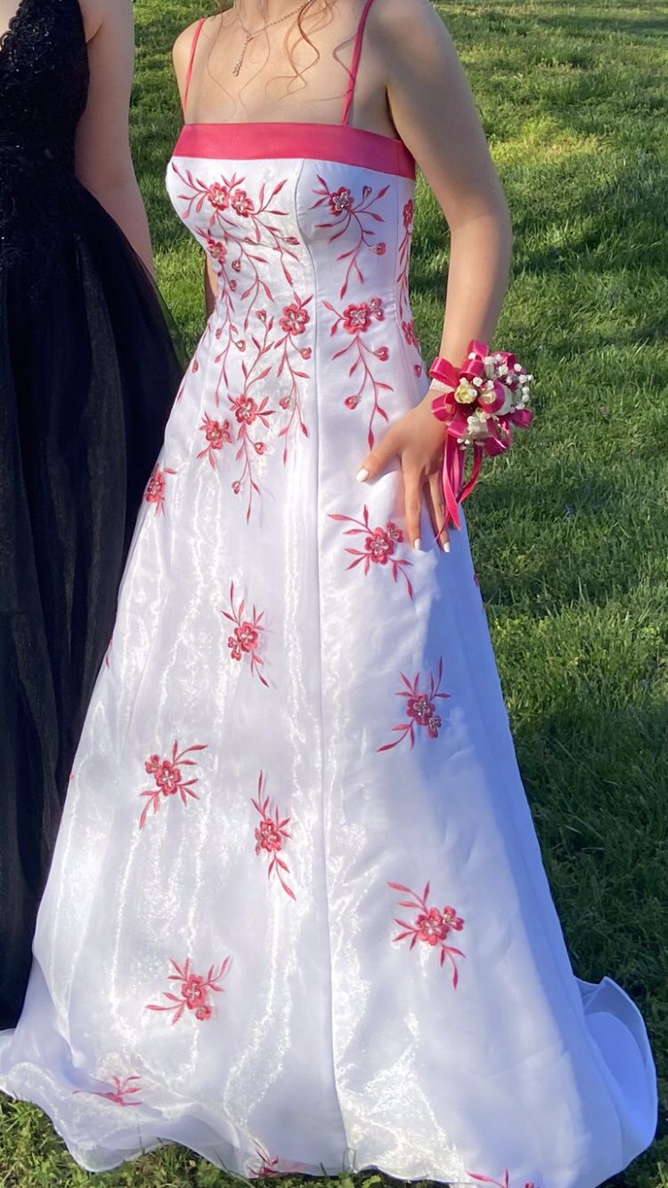 XS White,  Red/Pink Embroidered Prom Dress! 