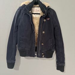 navy blue Hollister vintage Y2K faux fur-lined hooded bomber jacket Medium