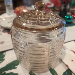 Vintage Depression Glass Pink Ribbed Bee Hive Cookie/Biscuit Jar l - 7-1/2" Tall with Lid On -