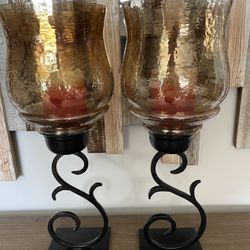 2 Hand Forged Antiqued Bronze Hurricane Candle Holders with Candles 15"