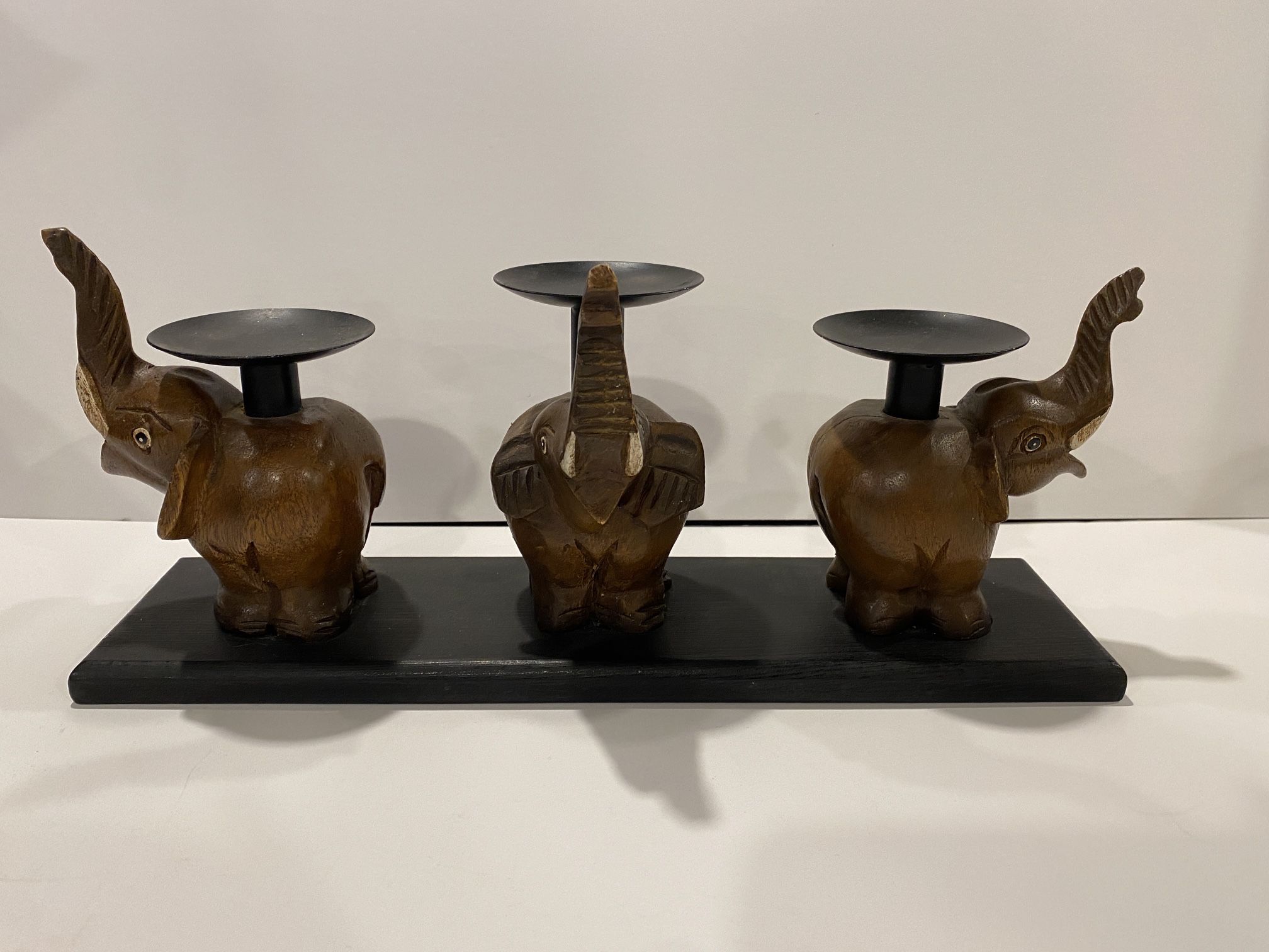Vintage Trio Carved Wooden Elephants Trunks Up Pillar Candle Holder / Trinket Dish