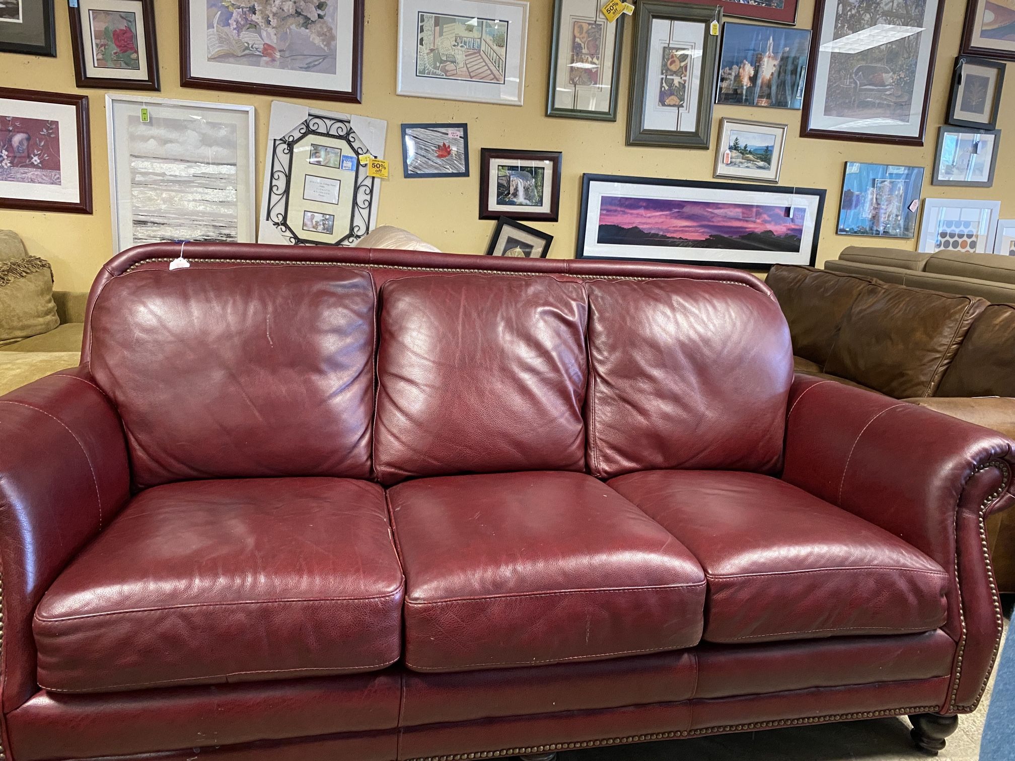 Embroidered Nail Head Red Leather Sofa