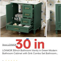 30Inch Bathroom Vanity in Green Modern Bathroom Cabinet with Sink Combo Set Bathroom Storage Cabinet with a Soft Closing Door and 3 Drawers Solid Wood