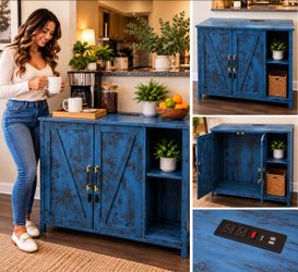 Rustic Blue Wood Storage Cabinet with Barn Doors