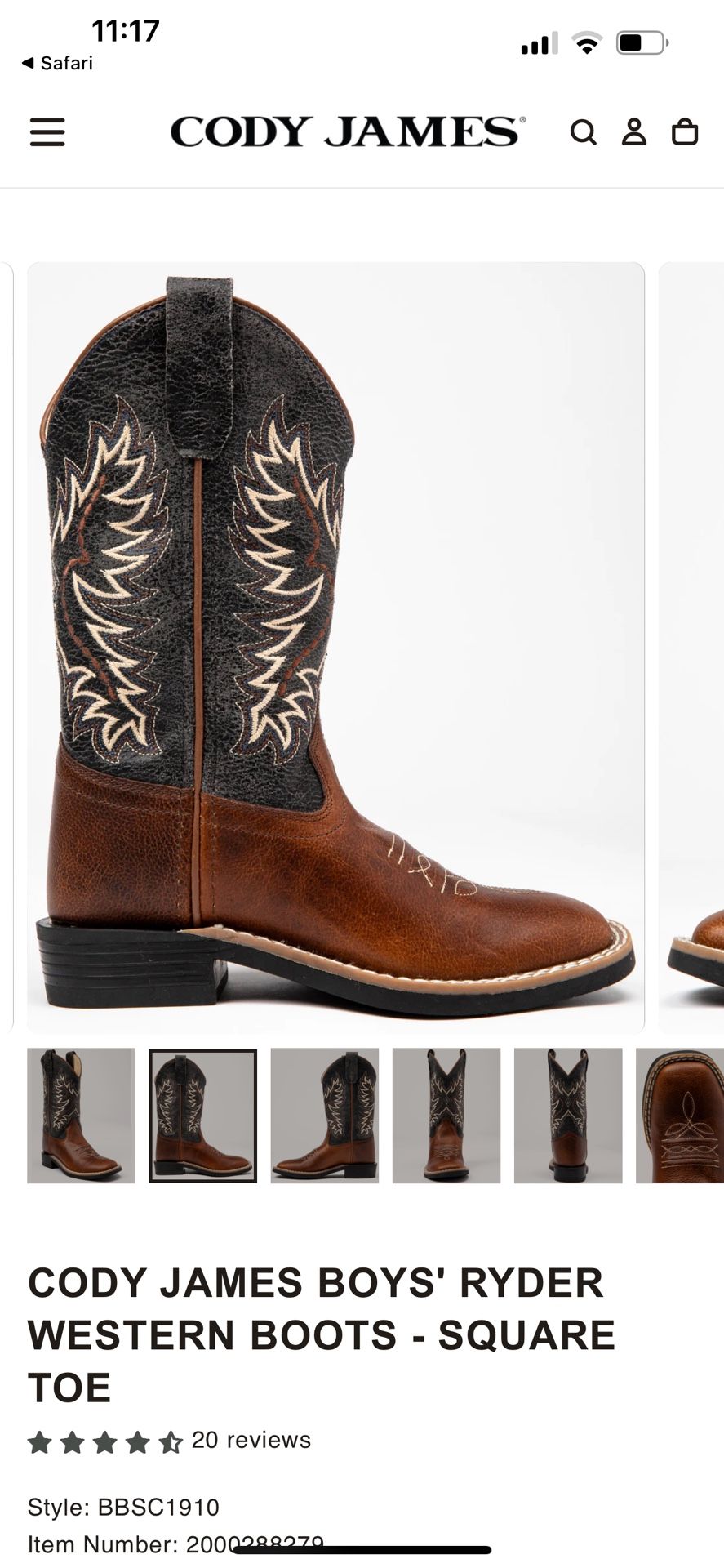 CODY JAMES BOYS' RYDER WESTERN BOOTS - SQUARE TOE Size 1