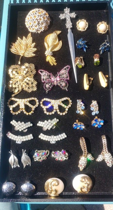 Vintage Jewelry, Brooches. Earrings, Shoe Bucker