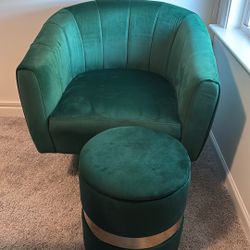 Modern Velvet  Swivel Single Accent Chair with Velvet Storage Ottoman Round Foot Stool Metal Band