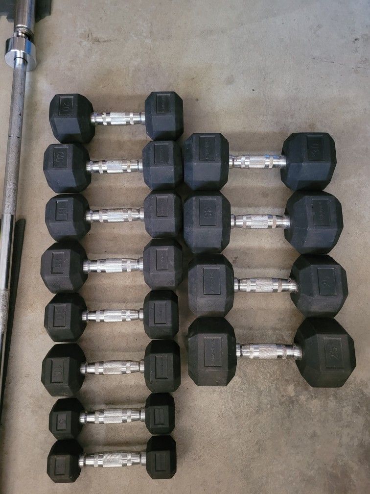 Rubber Coated Hex Dumbbells (2x5s,2x10s,2x15s,2x20s,2x25s,2x30s) for $200 Firm (WALNUT 9178