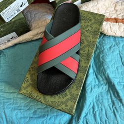 Men’s Designer Slide Sandals – Black with Red & Green Stripes