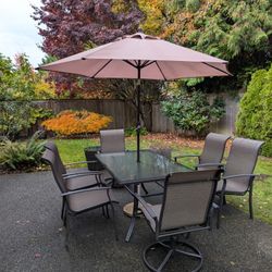 🍽️ Outdoor Patio Dining Set – Table + 6 Chairs + Umbrella + Granite Base – GREAT CONDITION!