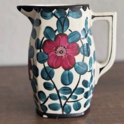 Hand-Painted Erphila Art Pottery Pitcher with Maroon Floral Motif
