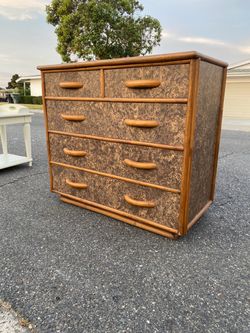 Mid century Bamboo Rattan Trim Burl Wood Dresser 5 Drawers