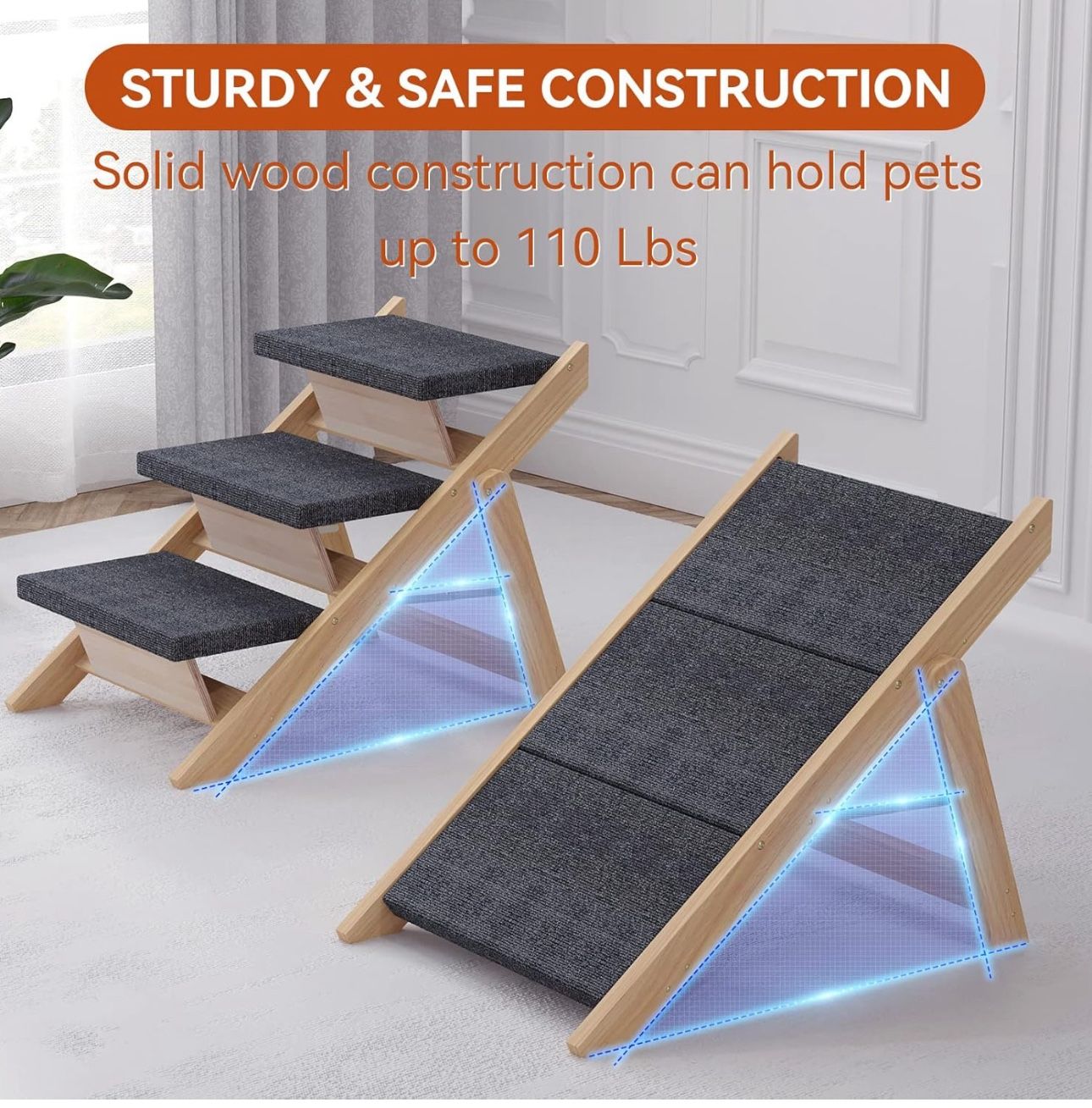 Wood Foldable Dog Step Ramp Non Slip Pad to Bed Sofa Couch Car Up to 110 lb New Condition