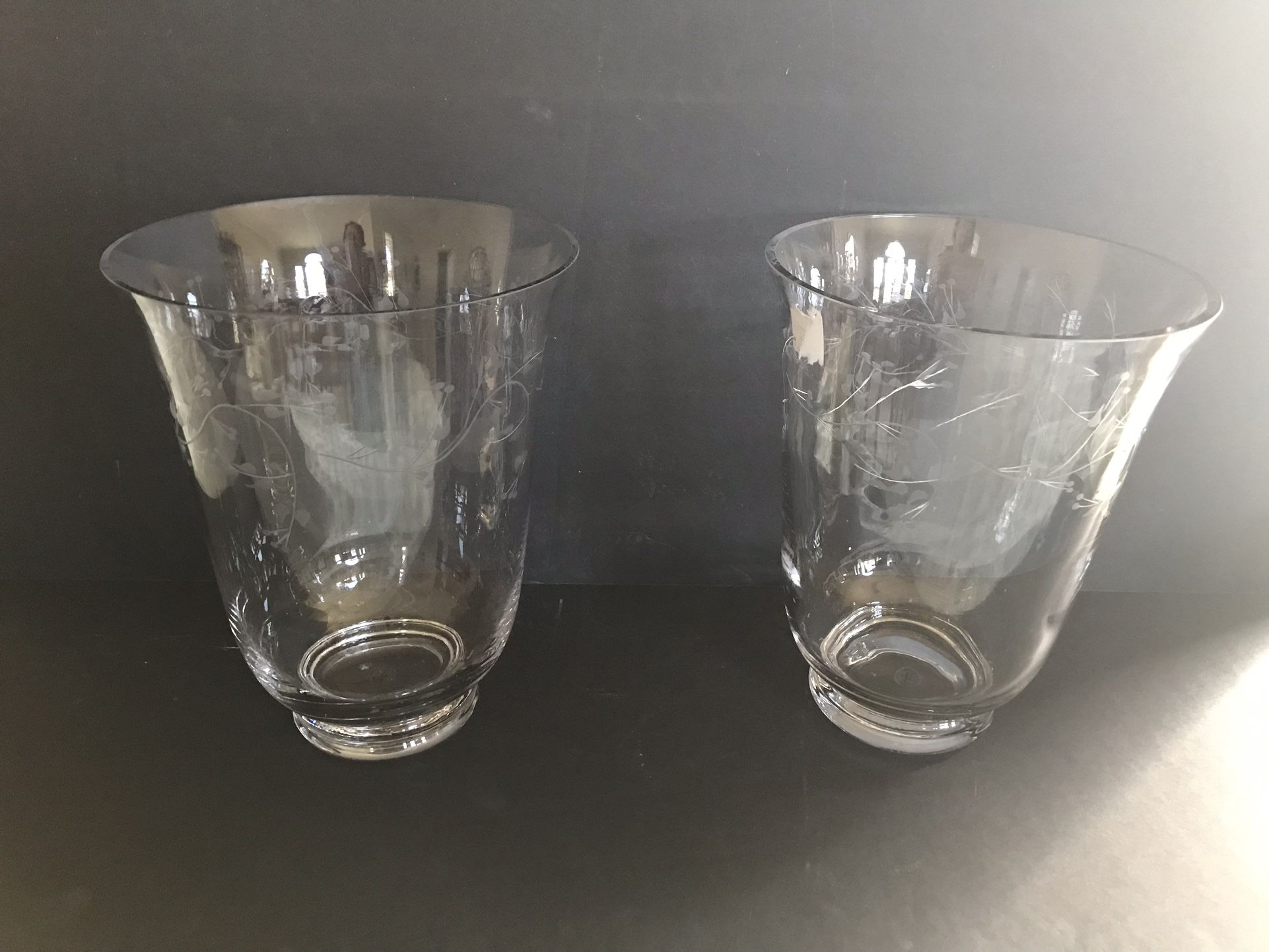 Pair of Longaberger vintage etched glass hurricane
