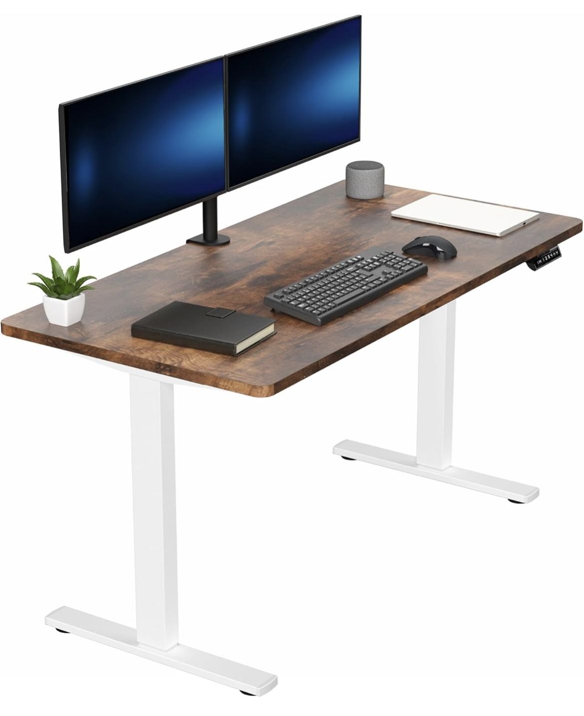 NEW - Electric 47.5 x 24” in Standing Desk, Memory Height Adjustment, One-Piece Rustic Vintage Brown Top, White Frame