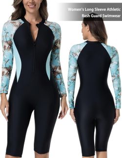 Women Zip Front Rash Guard Colorblock Patchwork Swimsuit One Piece Monokini XXL