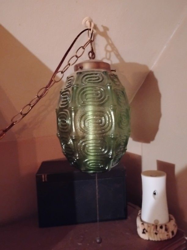 Mcm Green Glass Hanging Swag Lamp