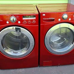 LG RED FRONT LOAD WASHER AND GAS DRYER 