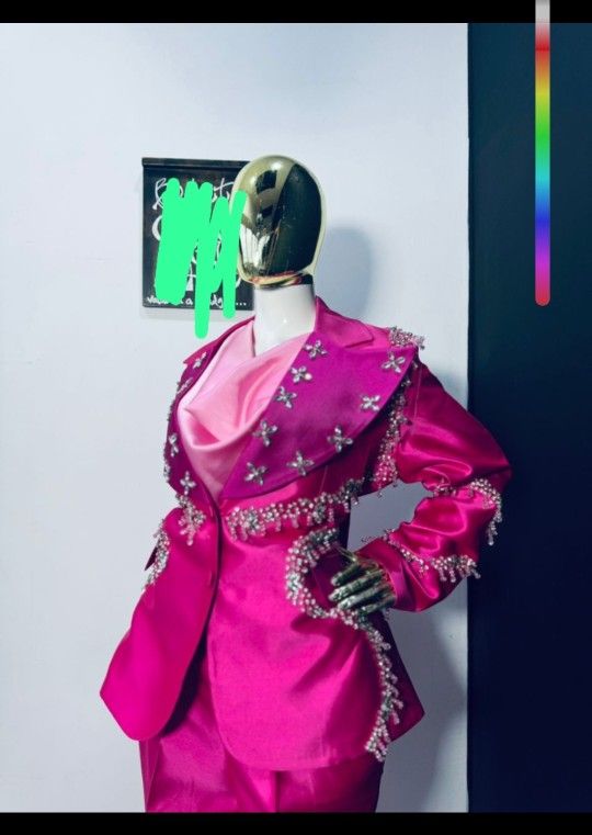 Luxury Hot Pink Pearl-Embellished Power Suit