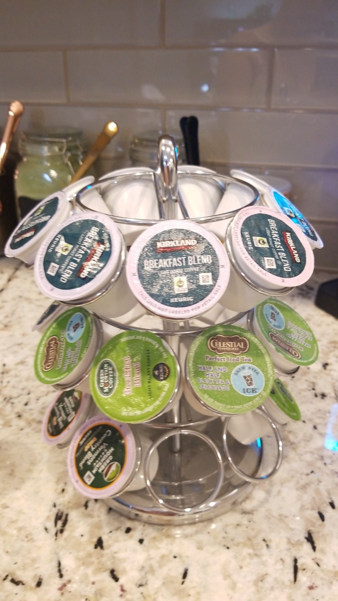 Keurig K-cup Carousel. Holds 27 kcups. Comes with 27 variety of flavor cups PLUS bonus 3 Carafe Cups