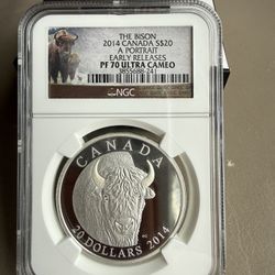2014 1oz NGC PF70 ULTRA CAMEO CANADA BISON PORTRAIT SILVER COIN 