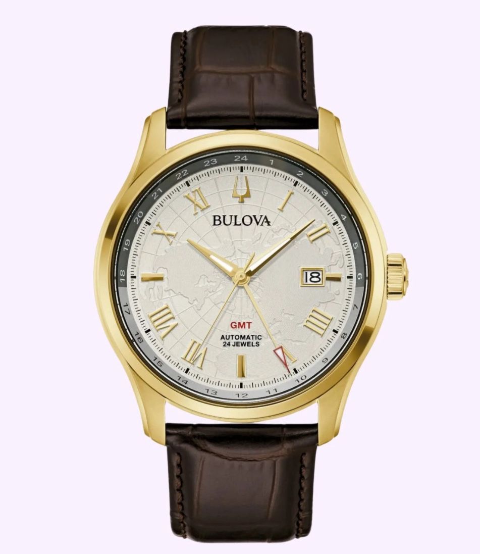 Bulova Classic Wilton GMT Automatic Brown Leather Strap Watch | 43mm Mens