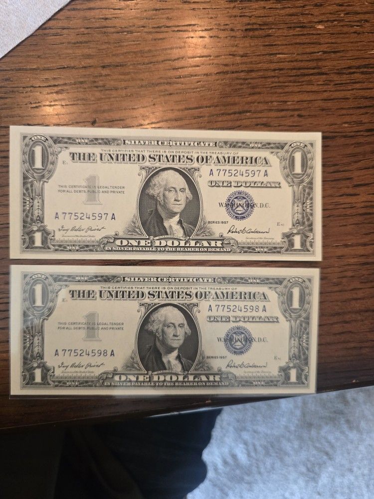 Pair Of 1957 Uncirculated One Dollar Silver Certificates Sequenctly Numbered