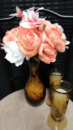 $30 very beautiful (3) piece set light orange/white roses (2candles)+(2 candle holders. To place an order Please give 2-3 weeks in advance. Thank you!