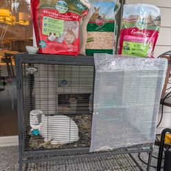 Rabbit, cage, food, accessories