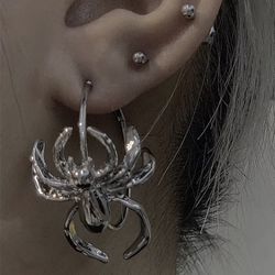 Halloween Silver SPIDER round Hoop earrings