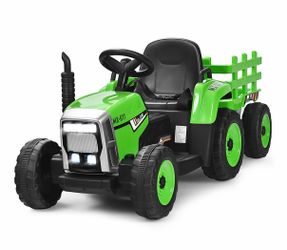 Kids ride on tractor with trailer green