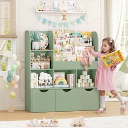 42.5''W Kid's Bookcase, Bookshelf with 5 Storage Cubbies & 3 Movable Drawers & Toy Display Shelf, Toy Storage Organizer for Bedroom Playroom, Green