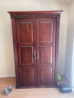 Wood Bar Cabinet Armoire — Wine Rack, Mini Fridge Space, Stemware Storage