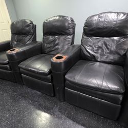 Set Of Three Black Leather Theater Recliners