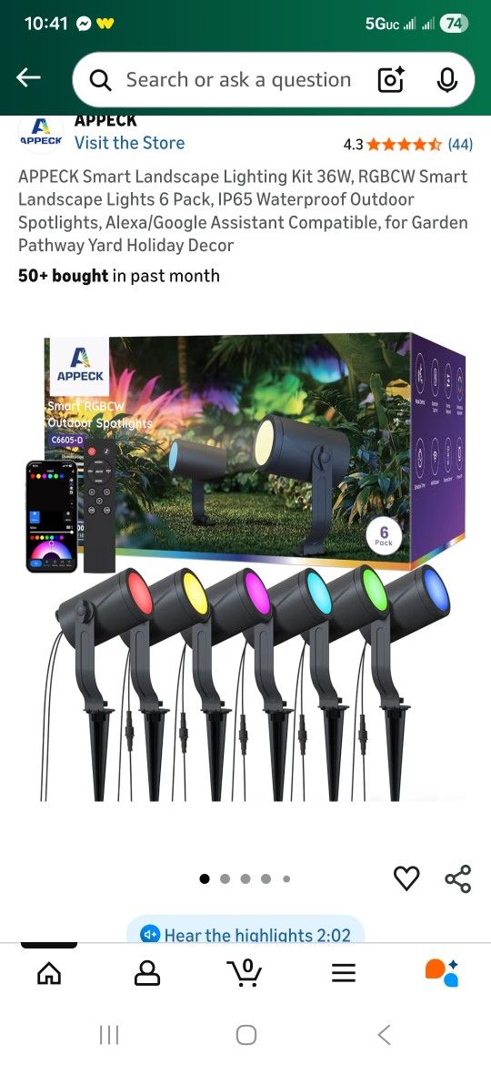 APPECK Smart Landscape Lighting Kit 36W, RGBCW Smart Landscape Lights 6 Pack, IP65 Waterproof Outdoor Spotlights, Alexa/Google Assistant Compatible, f