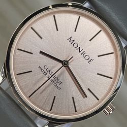 Monroe By Maestro Classique Rose Gold Tone Gray Leather Band Watch 