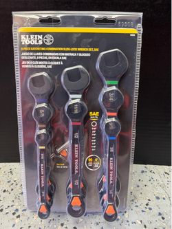 KLEIN TOOLS 69508 SAE Ratcheting Combination Wrench Set, 8-Piece, Slide-Lock 90-Tooth Ratchet, I-Beam Handle, Color-Coded Size Markings, Roll Pouch St