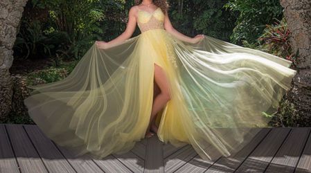 Yellow Tulle Evening Dress with Beaded Detail and Thigh Slit