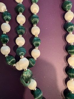 Green and White Fabric Wrapped Bead Necklace