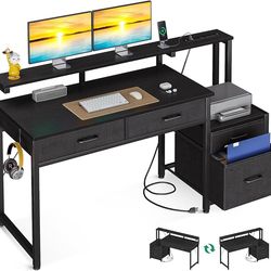 Computer Desk with 4 Drawers, 48 Inch Gaming Desk with Power Outlet, Office Desk with Monitor Shelf, Work Desk Table for Home Office, Black