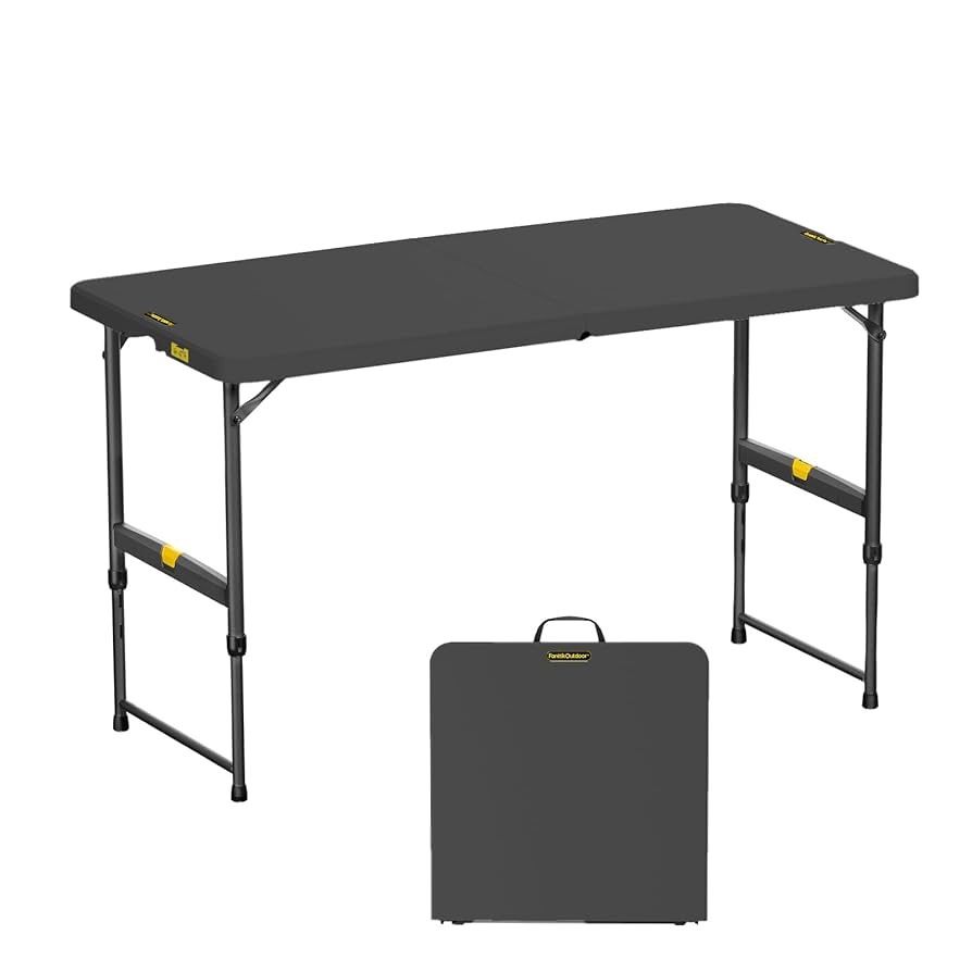4ft Portable Folding Table, One-Handed Height Adjustment, 4 Heights, Gravity Lock, Carry Handle, Indoor Outdoor Heavy Duty Fold-in-Half Utility Table,