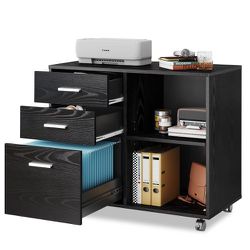 File Cabinet, 3 Drawer Lateral Filing Cabinet, Printer Stand with Open Storage Shelves on Wheels