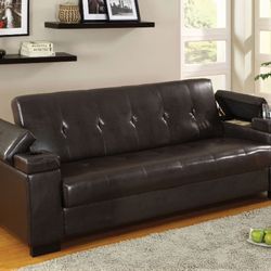 Brand New Espresso Leather Futon Sofa Sleeper With Storage 