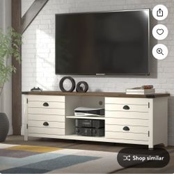 New, boxed ivory/Knotty Oak Wood Prestwick 70 Inch TV Stand