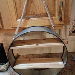 Round Galvanized Metal Wall Shelf w/ 2 Wood Shelves & Rope 17.5"